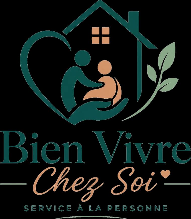 Logo Bien Vivre Chez Soi : un coeur et une maison entourant une aide à domicile et une personne âgée, avec la mention Service à la personne
